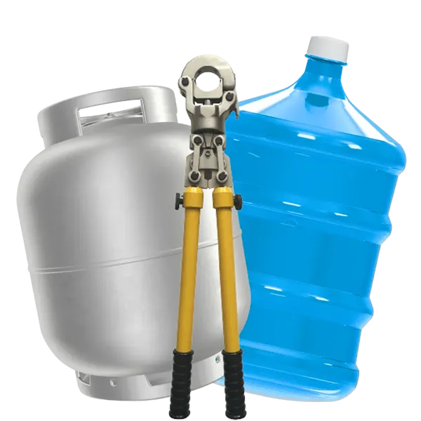 Botijão de gás, galão de água mineral e ferramenta de instalação